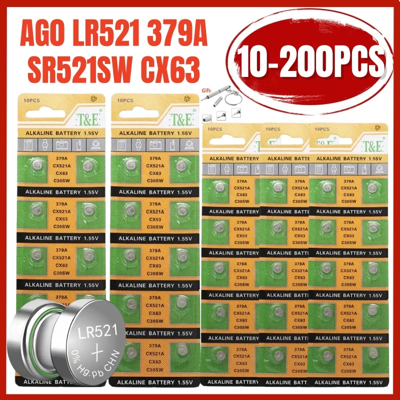 10-200PCS AG0 LR521 379 179 Button Cell Battery SR521SW 379A D379 SR63 Button Coin Cell Alkaline Batteries for Watch Battery Toy