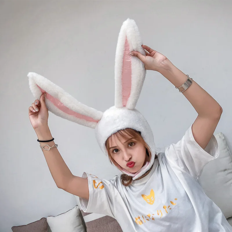 Winter Plush Rabbit Bunny Ears Hats For Women Cute Warm Soft Beanies Head Hood Girls Costume Accessories Earflap Hat Headgear