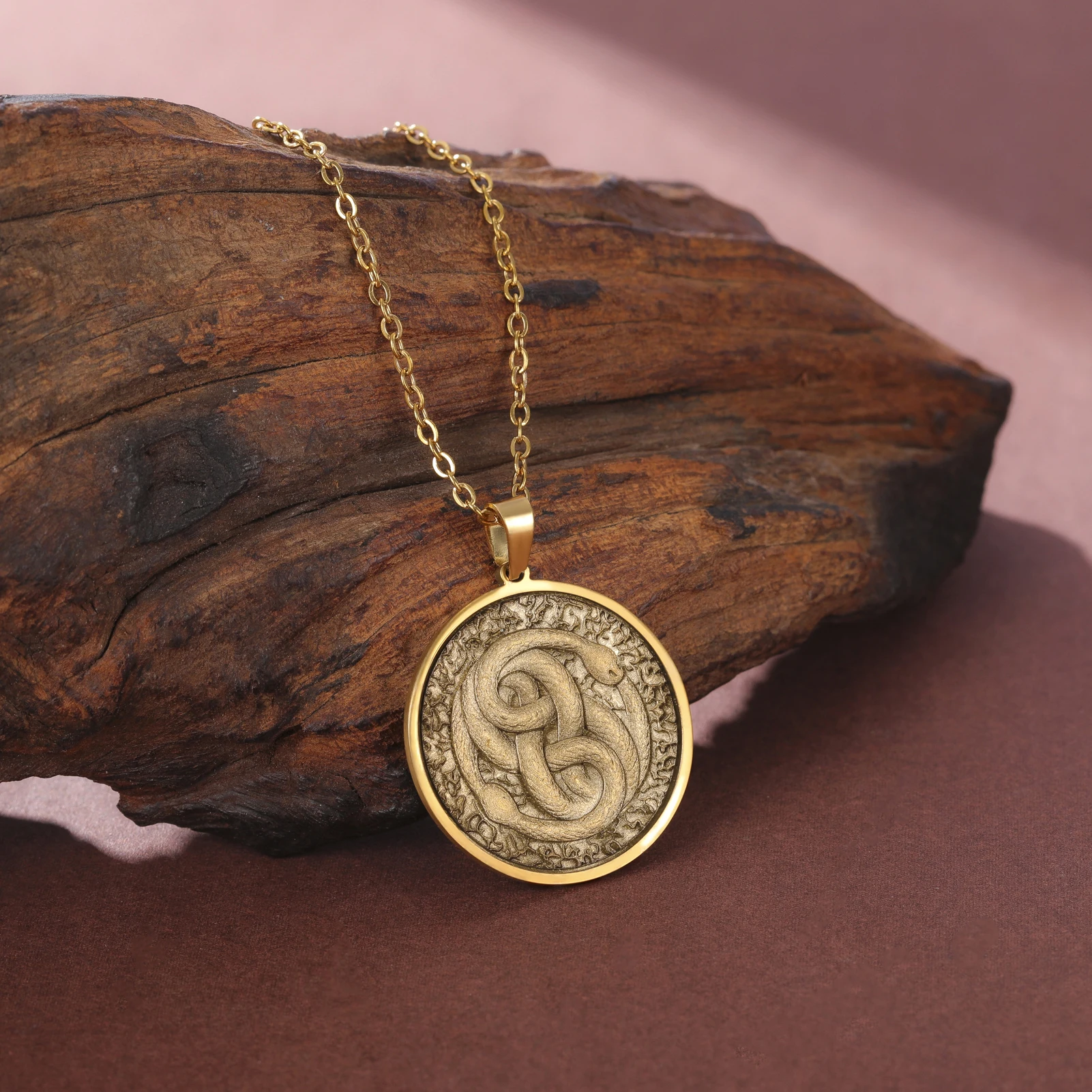 Vintage Intertwined Snake Coin Necklace Supernatural Amulet Chain For Woman Men Pendant Copper Antique Bronze Punk Angel Jewelry view 4