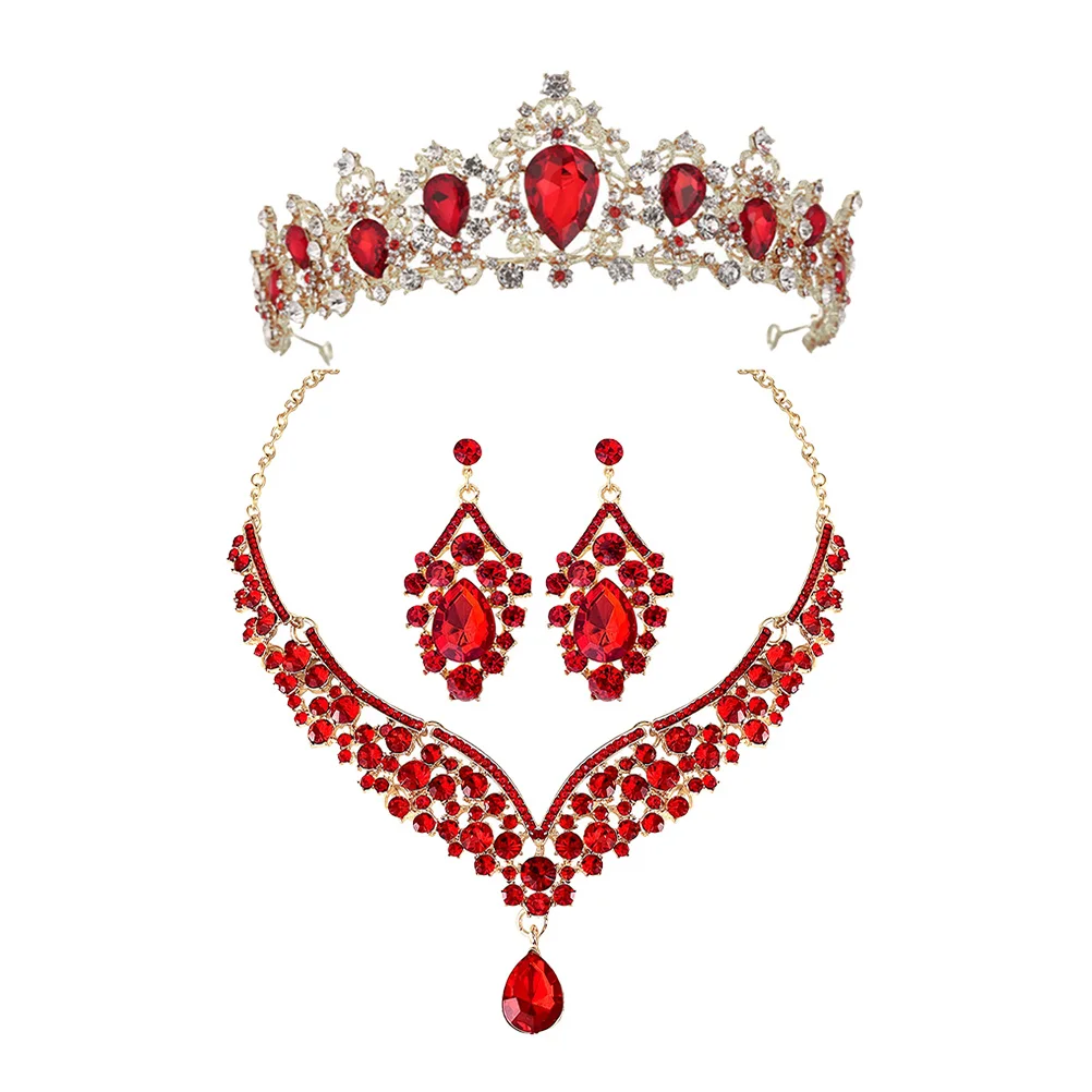 1 Juego de collar de corona nupcial para boda, pendientes, conjunto de joyería con diamantes de imitación, elegante para fiesta de cumpleaños, conjunto de collar y pendientes de corona para niñas
