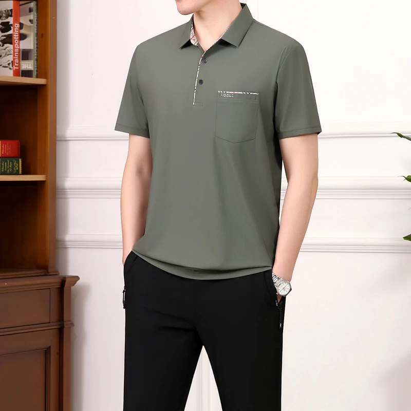 

Летний комплект из двух предметов: футболка с коротким рукавом и длинные брюки из ледяного шелка. Повседневная легкая мужская одежда. Модный свободный крой для папы.