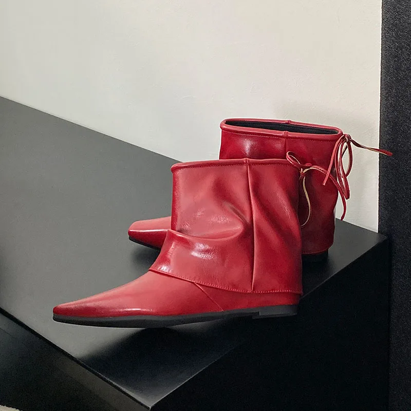 Winter New Fashion Lace Up Booties Height Increasing Pointed Toe Modern Women Ladies Short Ankle Boots Shoes