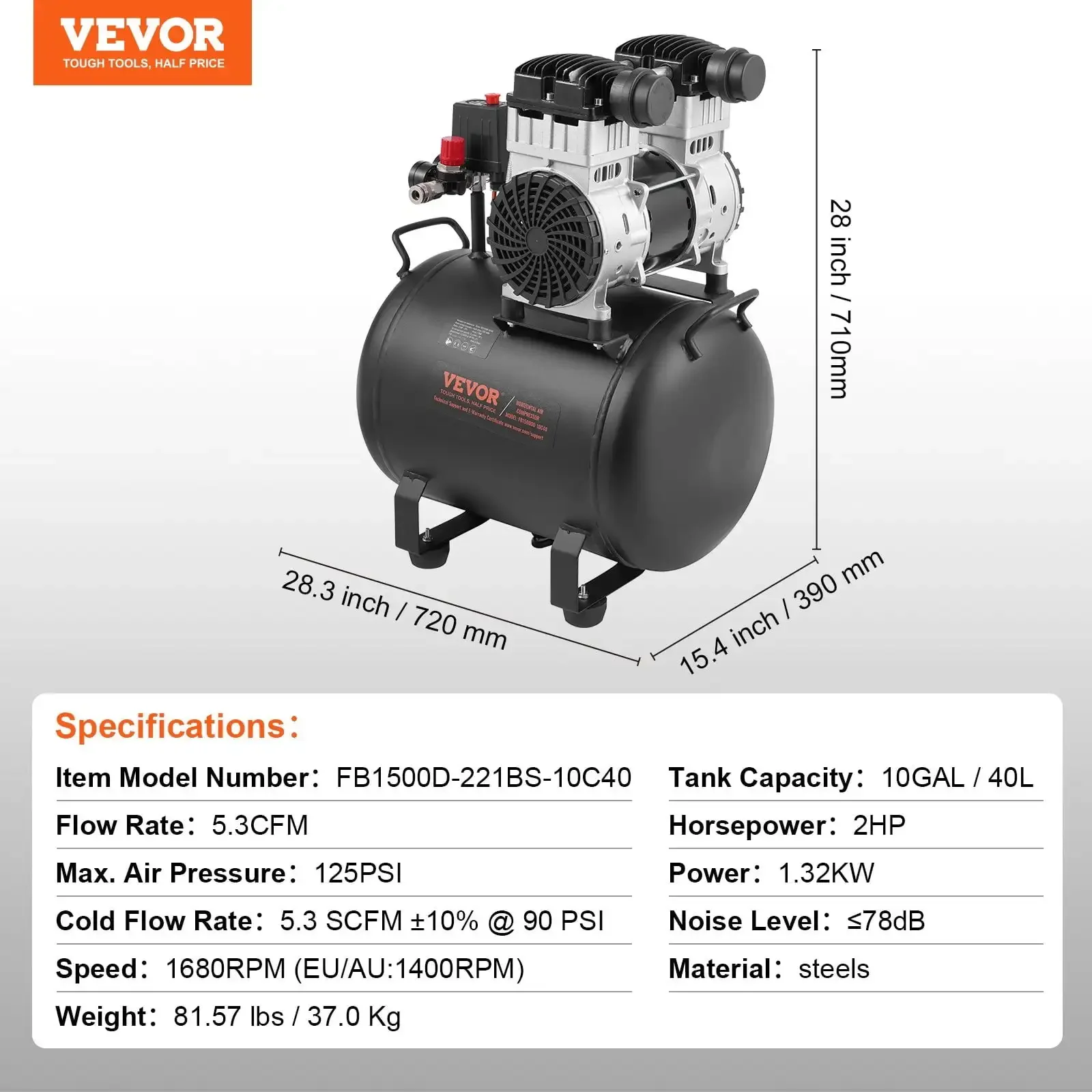 Compressor de ar compacto portátil sem óleo compressor 10 galões 90 PSI