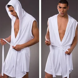 Albornoz de seda de leche para hombre, bata de ducha sin mangas con capucha, pijama Sexy, vestido largo, ropa de dormir para el hogar, Verano