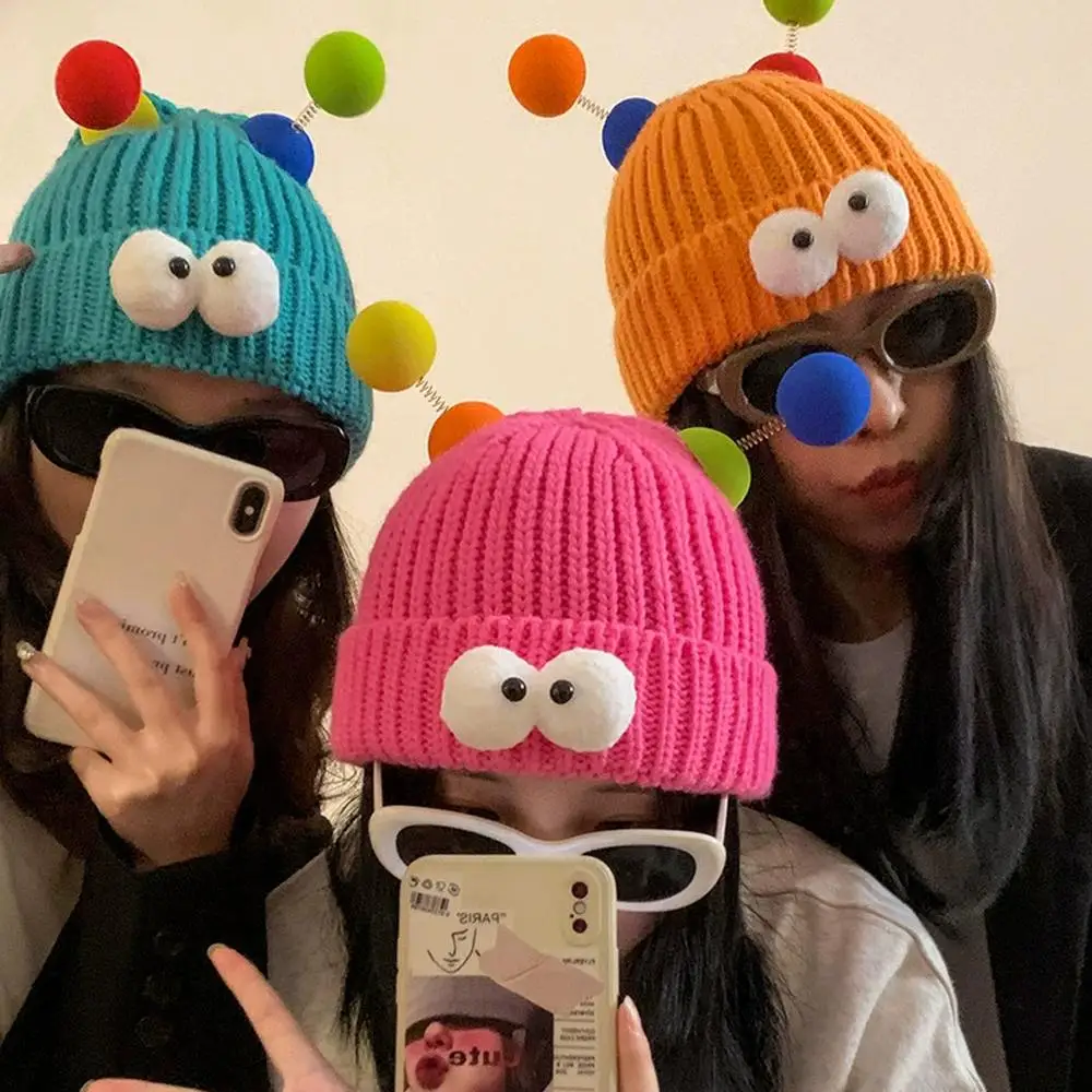الكرتون كبير العينين الوحش قبعة قبعة لطيف مضحك زوجين نمط قبعة محبوكة التي تجعل الوجه يبدو أصغر، قبعة الشتاء الدافئة #1