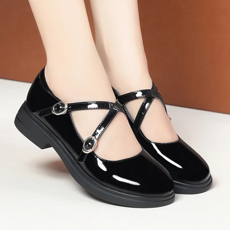 2024 Spring Versatile Breathable Women Mary Jane Shoes Low Heel Buckle Strap Round Toe  Party Dance Soft Leather Single Shoes