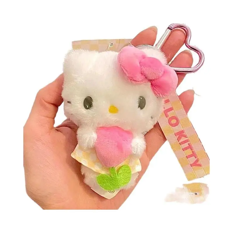 Kawaii Hello Kitty Tulips Plush Keychain Sanrio Cartoon Flower Plush Pendant Backpack Zipper Decoration Stuffed Toys Girl Gifts