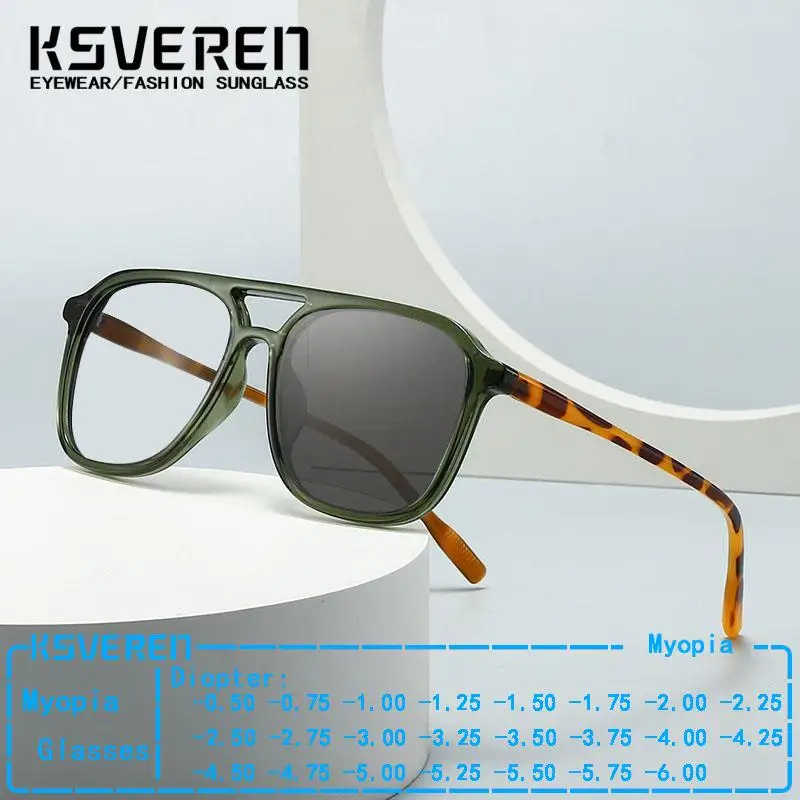 

Double Bridge Photochromic Myopia Glasses Men Women Square Prescription Nearsighted Glasses Outdoor Discolored Driving Eyewear
