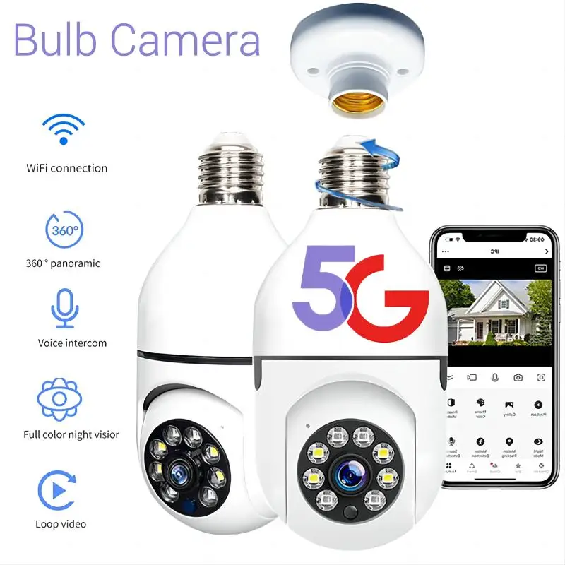 2MP E27 Bulb Camera 2.4G/5G Wifi Surveillance Cam Night Vision Full Color Automatic Human Tracking Video Security Monitor