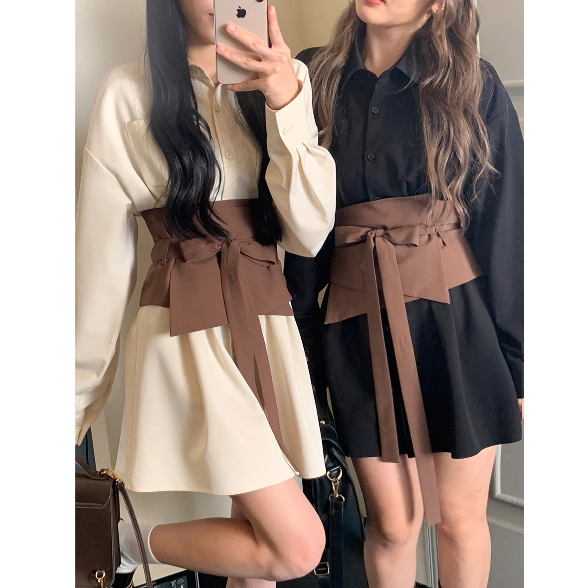 Vestido camisero de manga larga para mujer, conjunto de 2 piezas de manga larga, color negro y beige, novedad de otoño, 2023