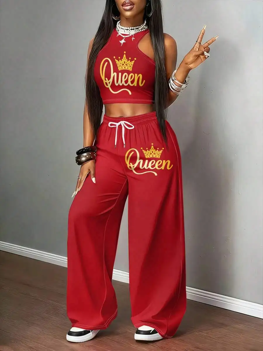 

Women Red Queen Crown Print Halter Crop Top And Wide Leg Pants Set Casual Streetwear