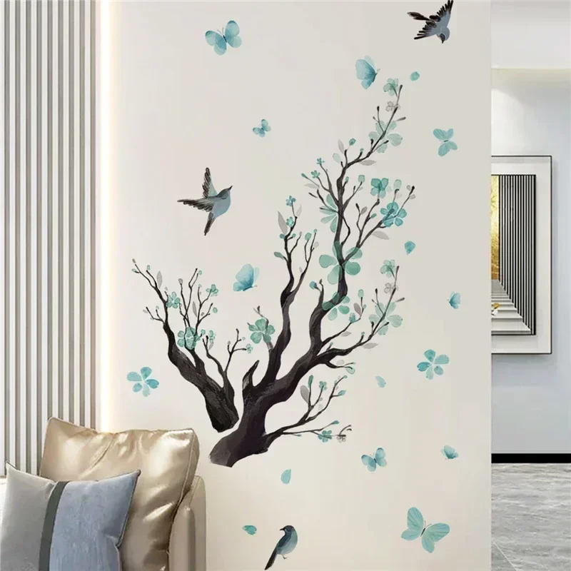 Home Decoration Wall Sticker Blue Flower Branches Birds Wall Decals Flowers Wall Stickers Living Room Background Decor Wallpaper