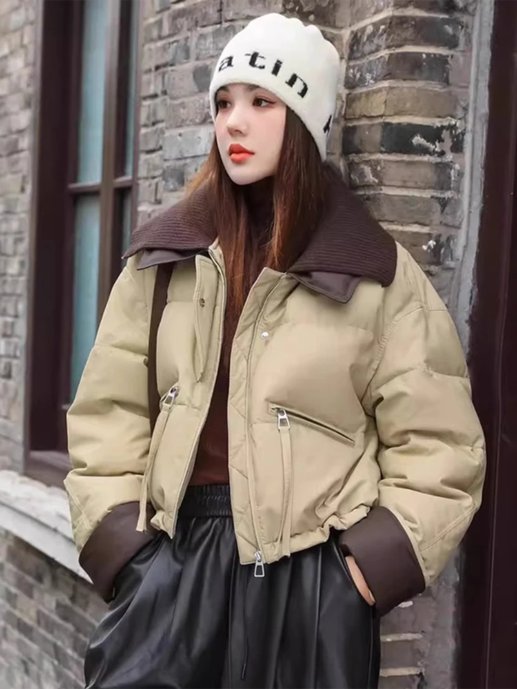 

Sli ort Women's Cotton Jaet Korean Version PU Leather Knitted Collar Coat Winter New Arrival Faion Outerwear