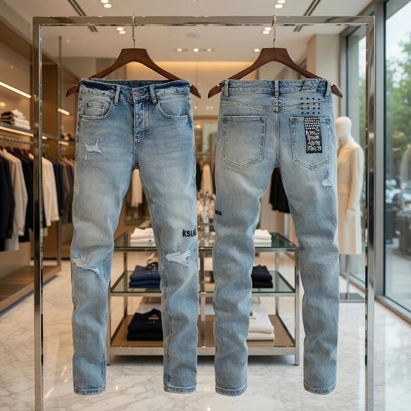 

Новинка 2026: Мужские премиальные светло-голубые рваные джинсы скинни, вышитые джинсовые брюки с эффектом потертости, модные брюки в стиле High Street