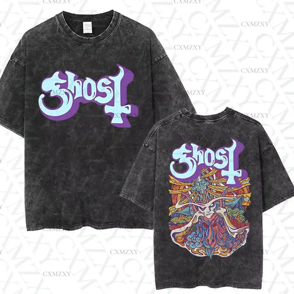 

Heavy Ghost Band Pattern T-Shirt Washed Retro Skull Rock Print T-Shirt Classic