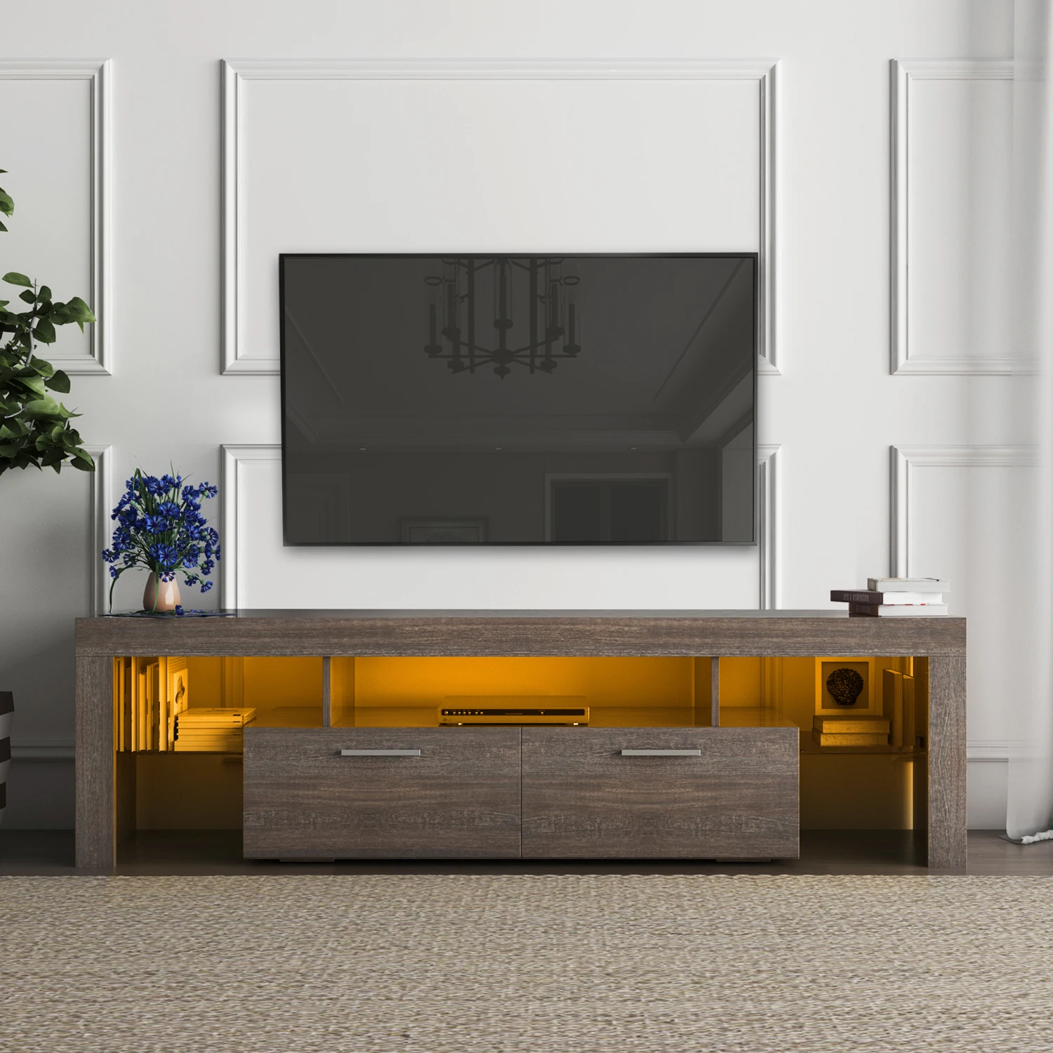 20 minutes quick assembly brown simple modern TV stand with the toughened glass shelf Floor cabinet Floor TV wall cabinet Brown