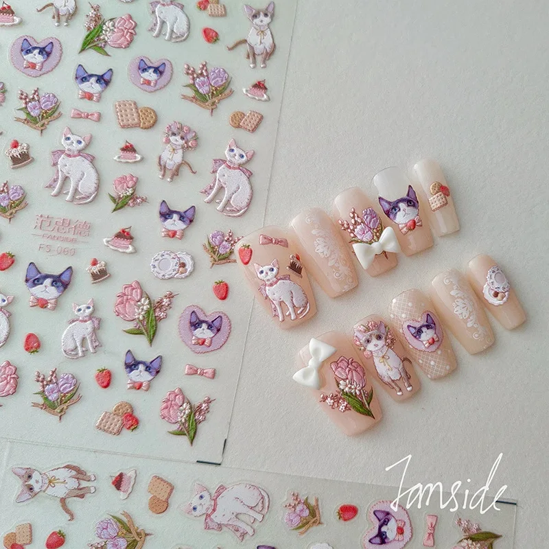 1 Sheet 5D Realistic Relief Chic Noble Lady Cat Flowers Biscuit Adhesive Nail Art Stickers Decals Manicure Ornaments Accessories