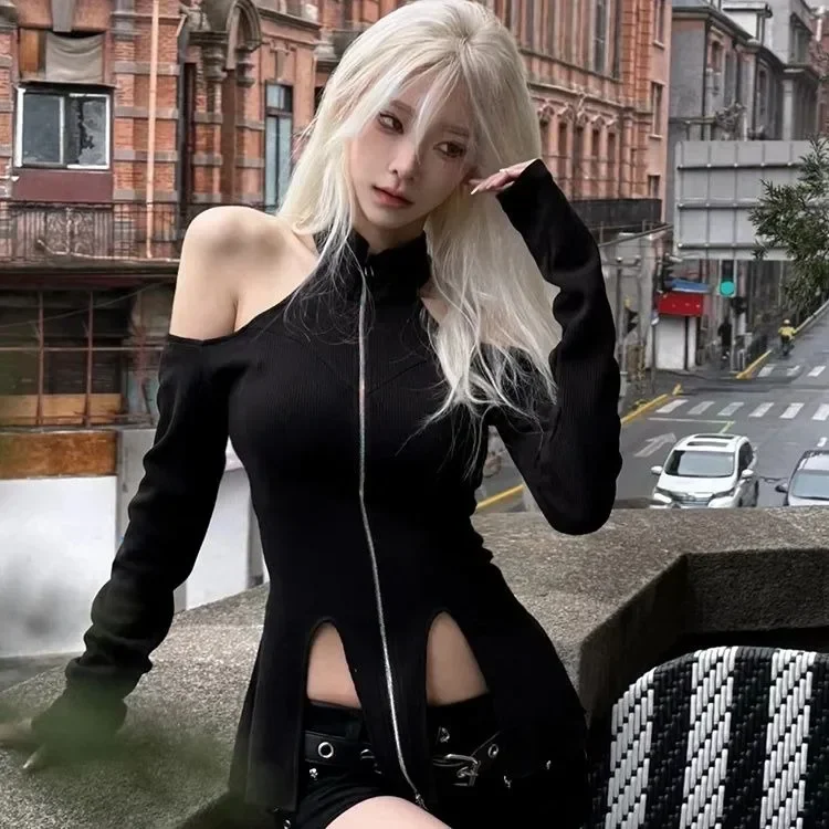 

2025 Ранняя осень Новые футболки для женщин Y2k Slim Fit Черные вязаные топы с лямкой на шее Mujer Футболка с открытыми плечами и длинными рукавами Свитер
