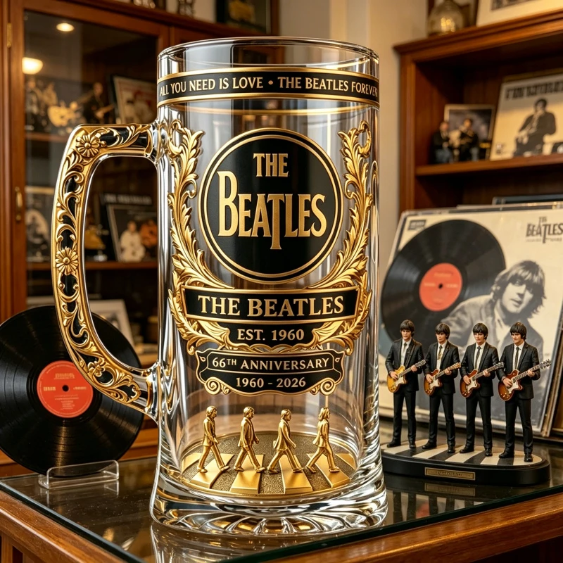 The  Beatles 66th Anniversary Beer Mug, Vintage Black Gold Embossed Large Capacity Glass Draft Beer Mug Collection Ornament
