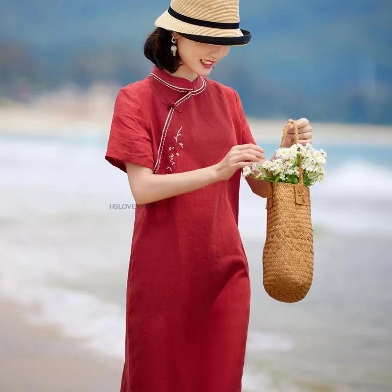 

Chinese Red Women Loose Casual Improved Cheongsam Dress Summer New short-sleeved Cotton Linen Embroidery Red Qipao Dress