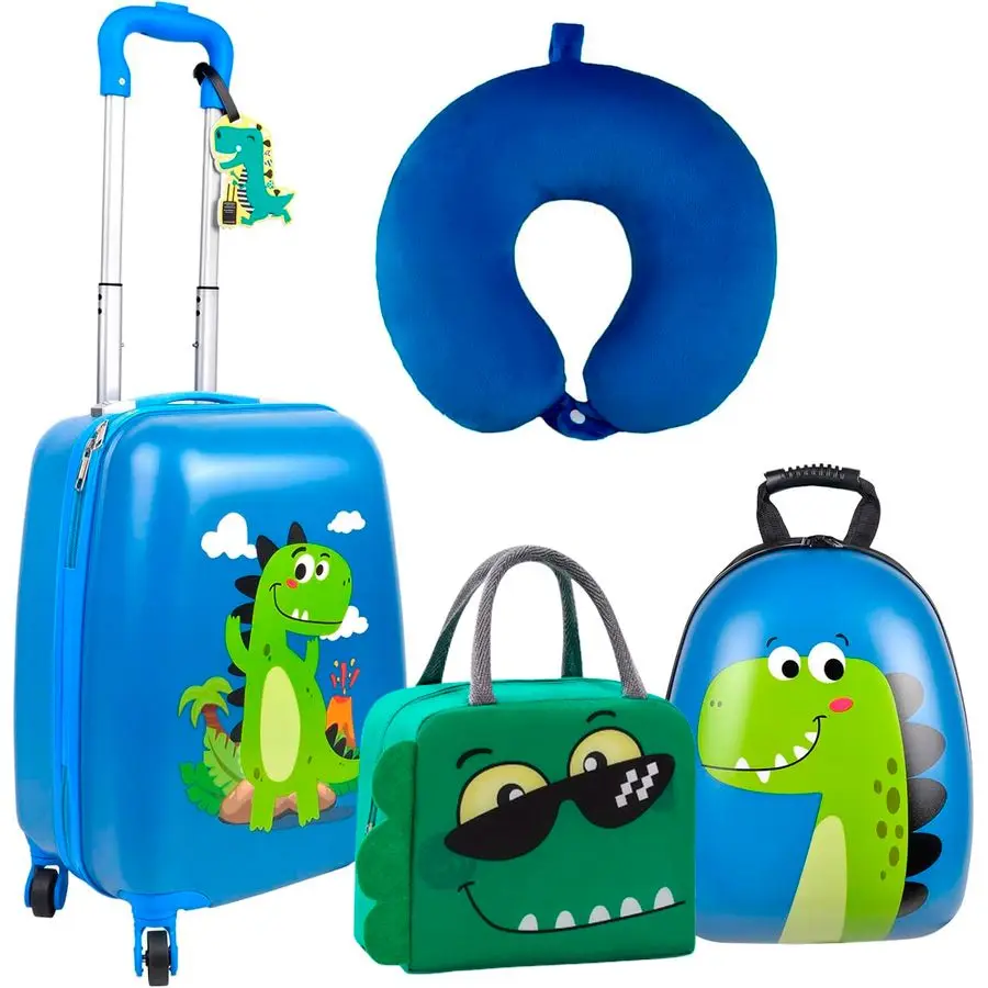 

Kids Luggage Suitcase Set 5 Piece Upright Kids Carry on Luggage with Wheels Set Dinosaur Hard Shell Backpack Neck Pillow Lunch B