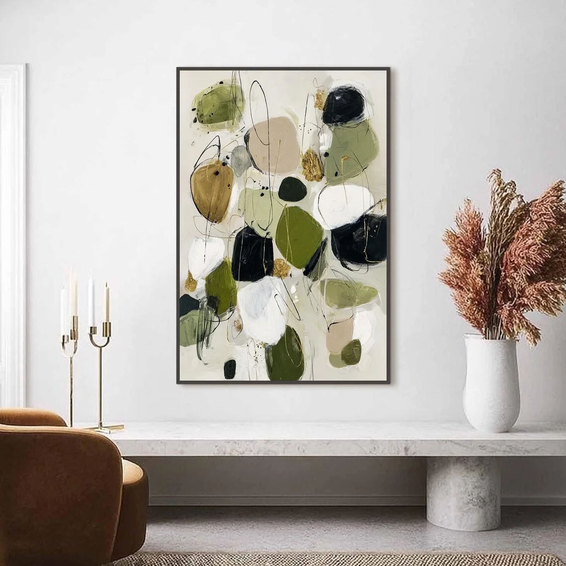 Serene Earthy Abstract Wall Art - Calm Print Celebrating Natural Tones and Organic Form. The muted green and beige hues, paired