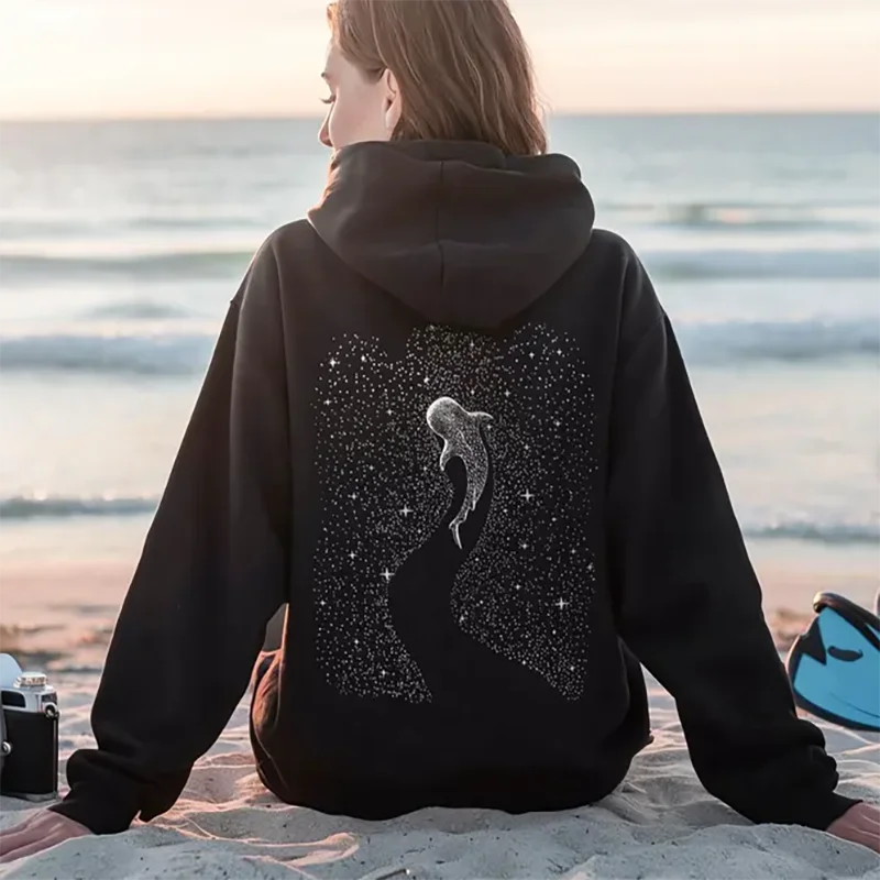 Felpa con cappuccio con zip di squalo balena per gli amanti dell'oceano, regalo per ragazza subacquea, felpa con cappuccio da spiaggia con animali marini in cocco per donna streetwear