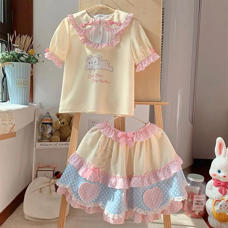 

Japanese Sweet Lolita 2 Piece Sets Women Cute Cartoon Print Bow Tops Polka Dot Cake Mini Skirts Summer Girls Kawaii Y2k Outfits