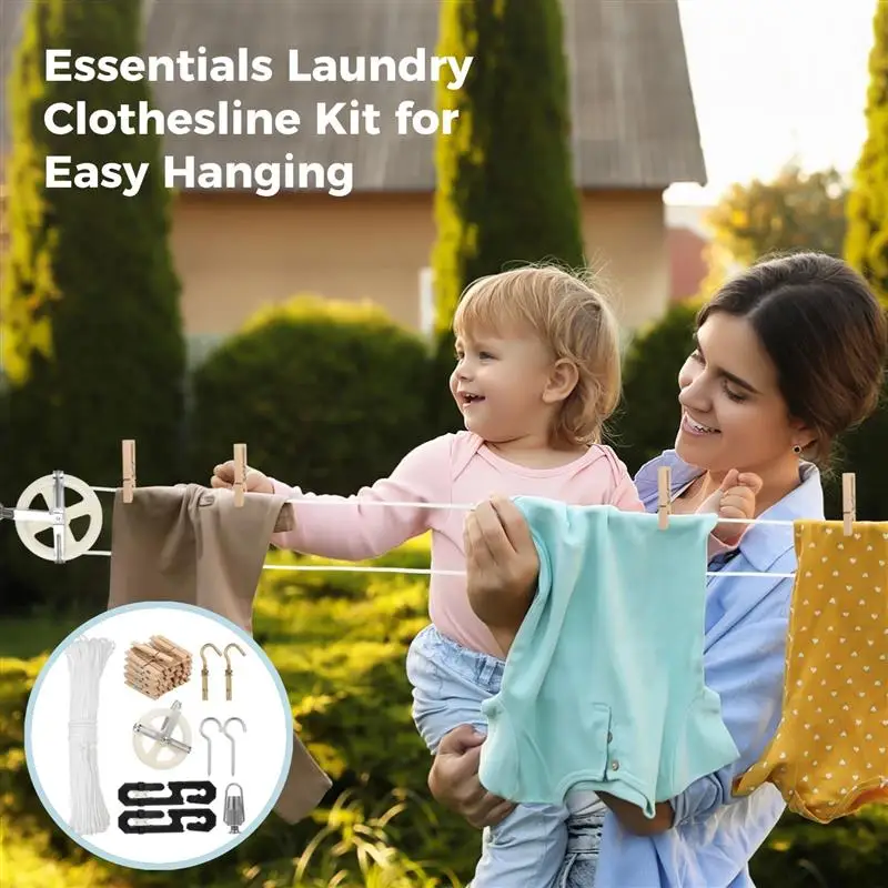 Essentials Laundry Clothesline Kit Complete Laundry Hanging Tools 198 Ft Cotton Rope Pulleys Line Tightener Wall Hooks Plastic