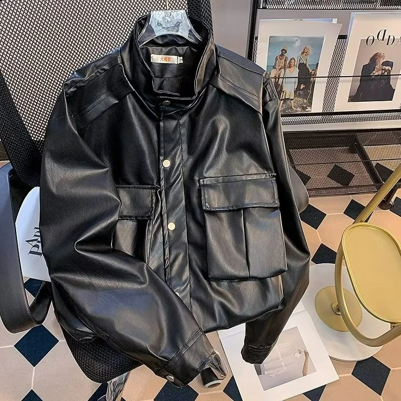 

Men's Retro Sle PU Leather Jaet Large Size 250 Pou Motorcycle Clothes Trendy Autumn Winter Outerwear Faionable