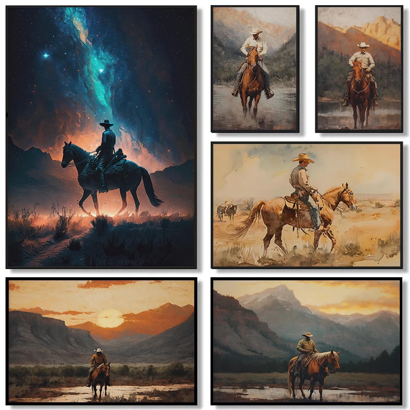 Vintage Landscape Cowboy Riding Horse Western Rustic Posters and Prints Canvas Printing Wall Art Picture for Living Room Decor