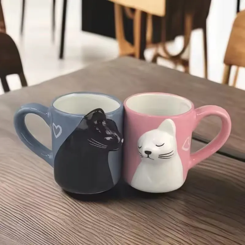 2pcs 3D Cat Cup Stereo Cat Couple Ceramic Mug Pink and Blue Cat Kiss Cat to Mugs Valentine's Day Gift Marriage Housewarming