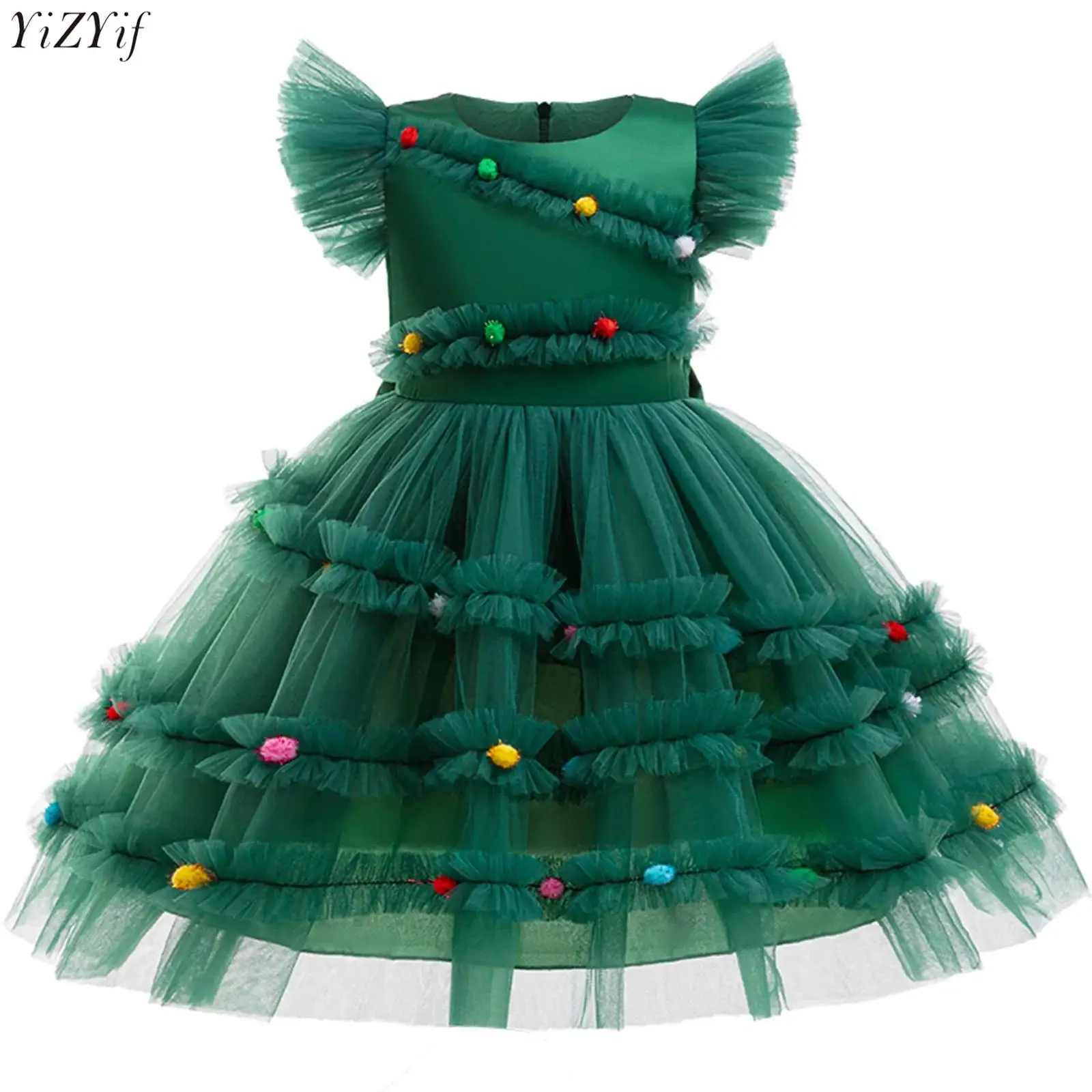 

Girls Christmas Tree Dress Flying Sleeve Tulle Tutu Dress Bow Knot Colorful Pompoms Mesh Dress Xmas Party Dress Cosplay Costume