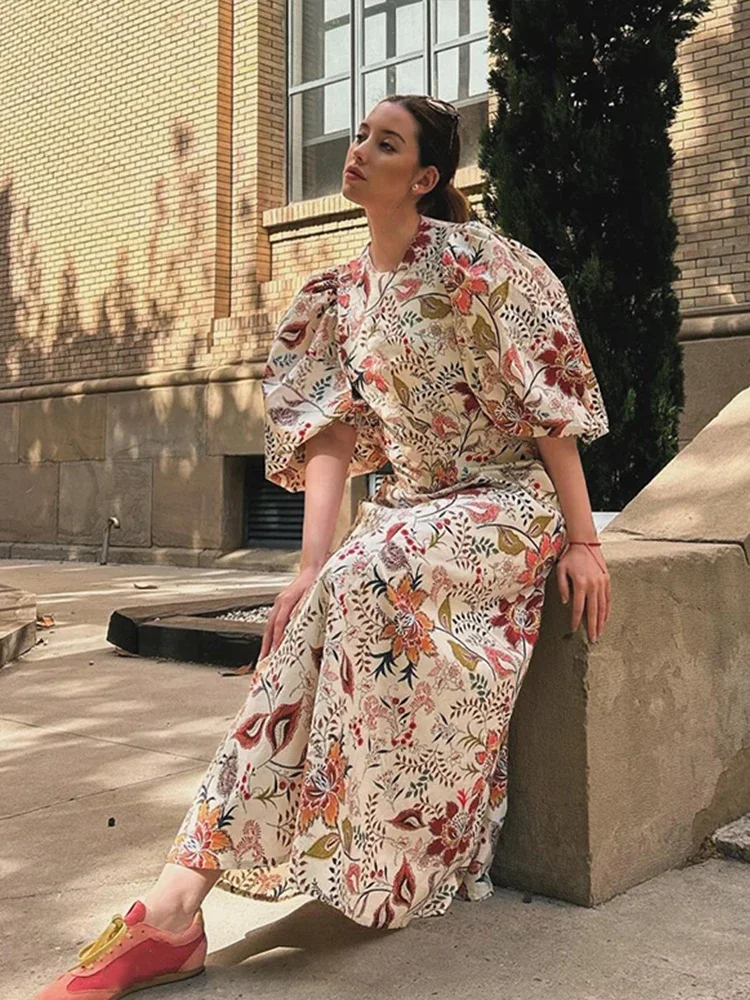 Fashion Floral Print Maxi Dress For Women Vintage Round Neck Short Puff Sleeve Long Dresses 2024 Summer New Beach Party Vestidos