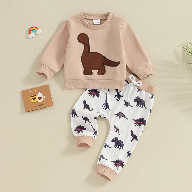 

2023-10-20 Lioraitiin 0-3Y Toddler Boy Clothes Set Dinosaur Print Long Sleeve O-Neck Sweatshirt Elastic Waist Pants 2Pcs Outfit