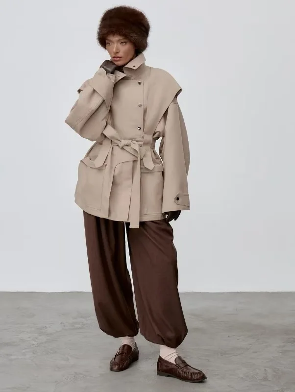 

Женская ветровка средней длины 2026 года, однотонная, на шнуровке, с однорядной железной застежкой