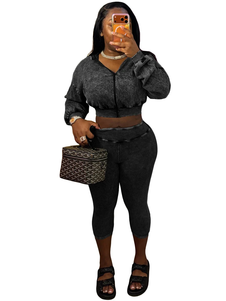 JENYAGE Damen 2-teiliges Outfit, Vintage-Look, gewaschene Kapuzenjacke mit Reißverschluss, hochtaillierte Caprihose mit Rippenstruktur, dehnbarer Trainingsanzug – Detail 2