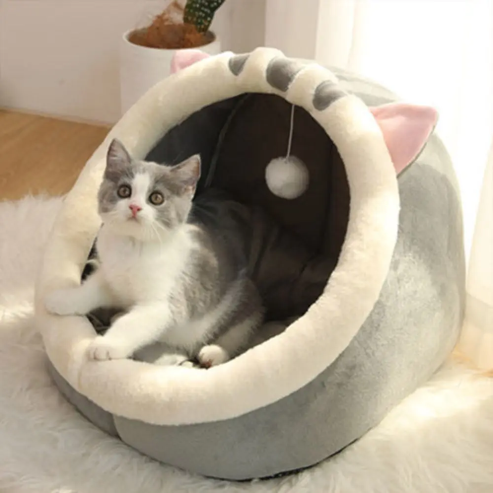 

Soft Cartoon Style Cat Sleep Bed Foldable Washable Pets Sleeping Cave House Tent Design Round Shape Pet Sleeping Bed Kitten