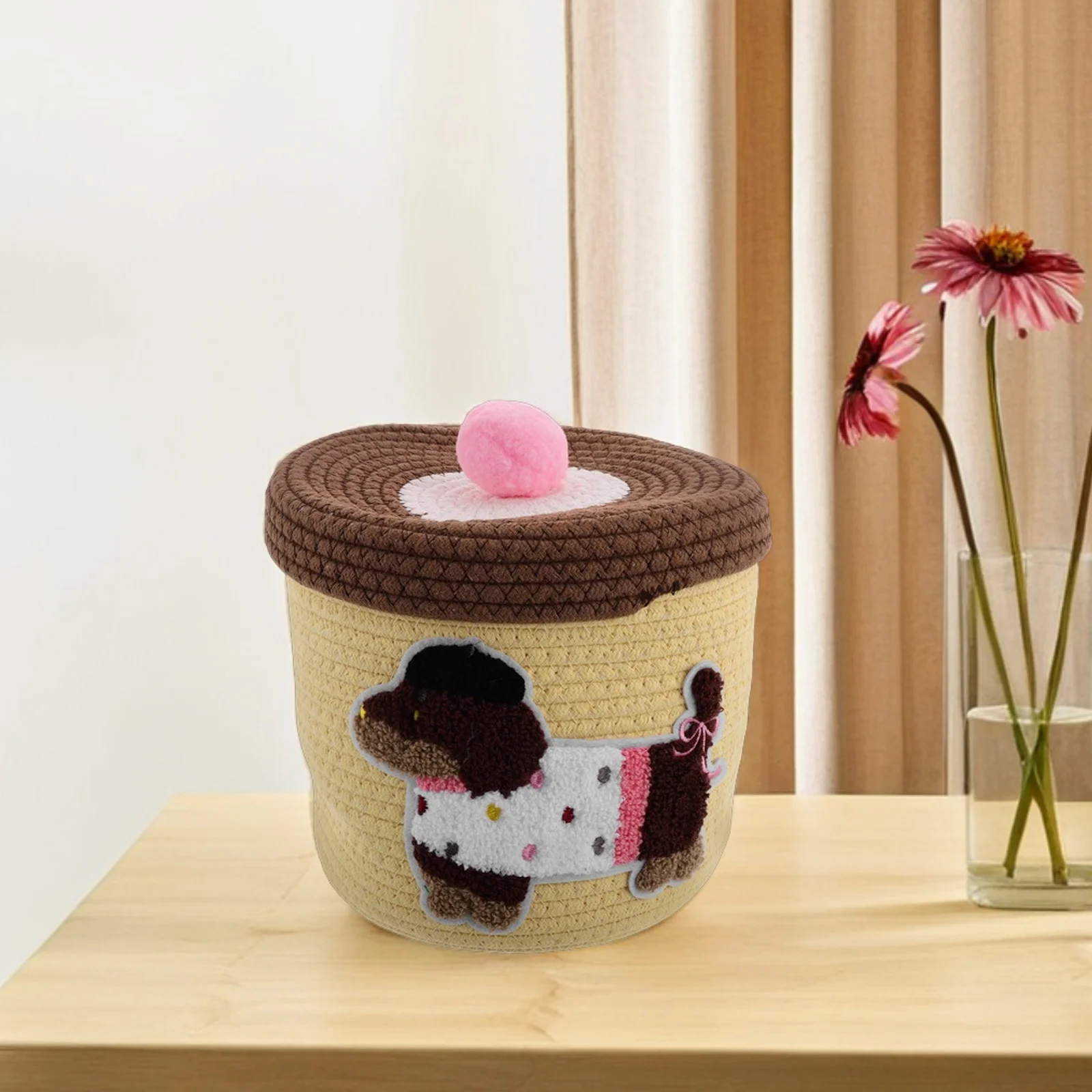 

Car Storage Baskets Cotton Rope Organizer Large Capacity Decorative Basket Snacks Kids Pet Toy Bin Round Lid Neatness
