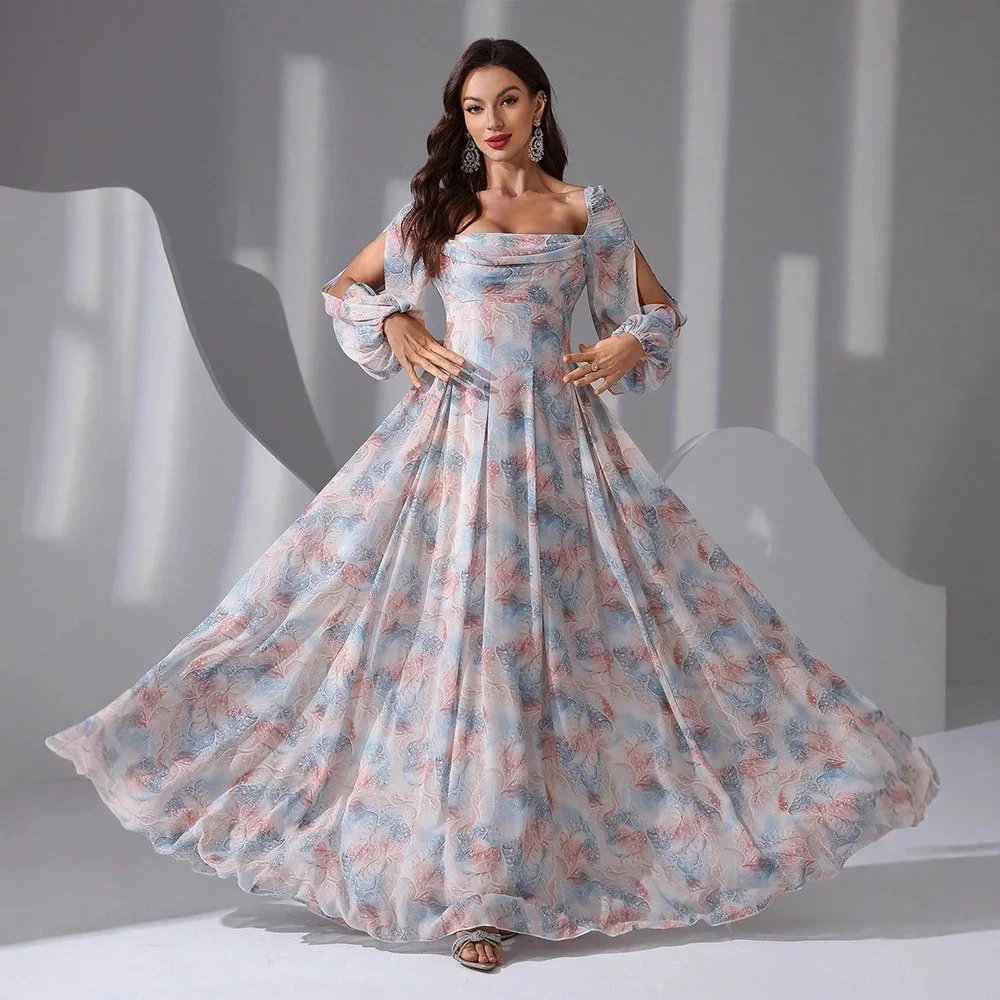 1798 Vestido elegante estampado de gasa de manga larga a la moda, Vestido de fiesta dulce de alta sociedad, Vestido de verano 2025, Vestido elegante para mujer