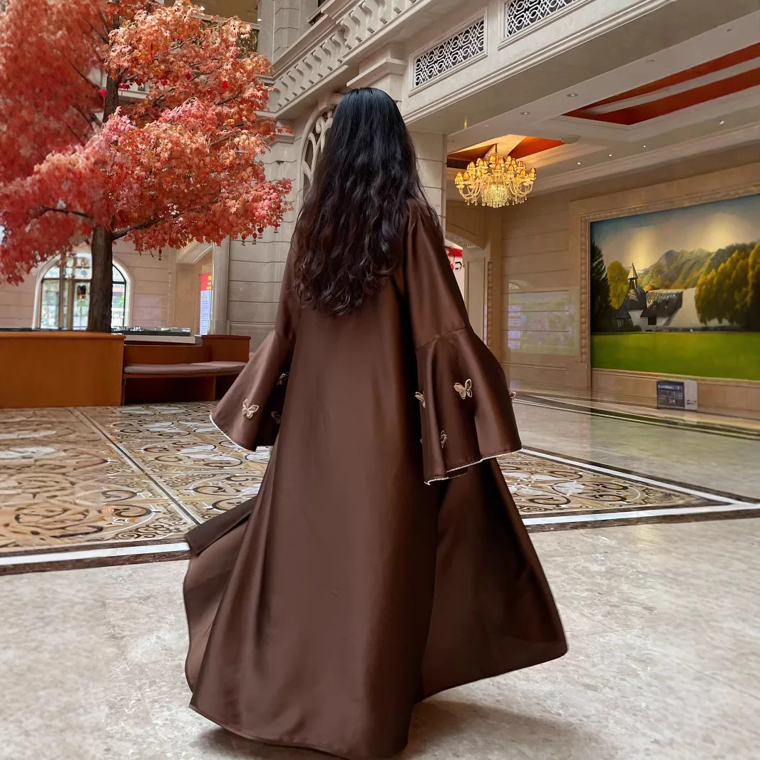 2025 Eid Dubai Party Butterfly Crystal Tassel Elegant Muslim Women Two-Piece Cardigan Satin Abaya Set with Diamond Belt