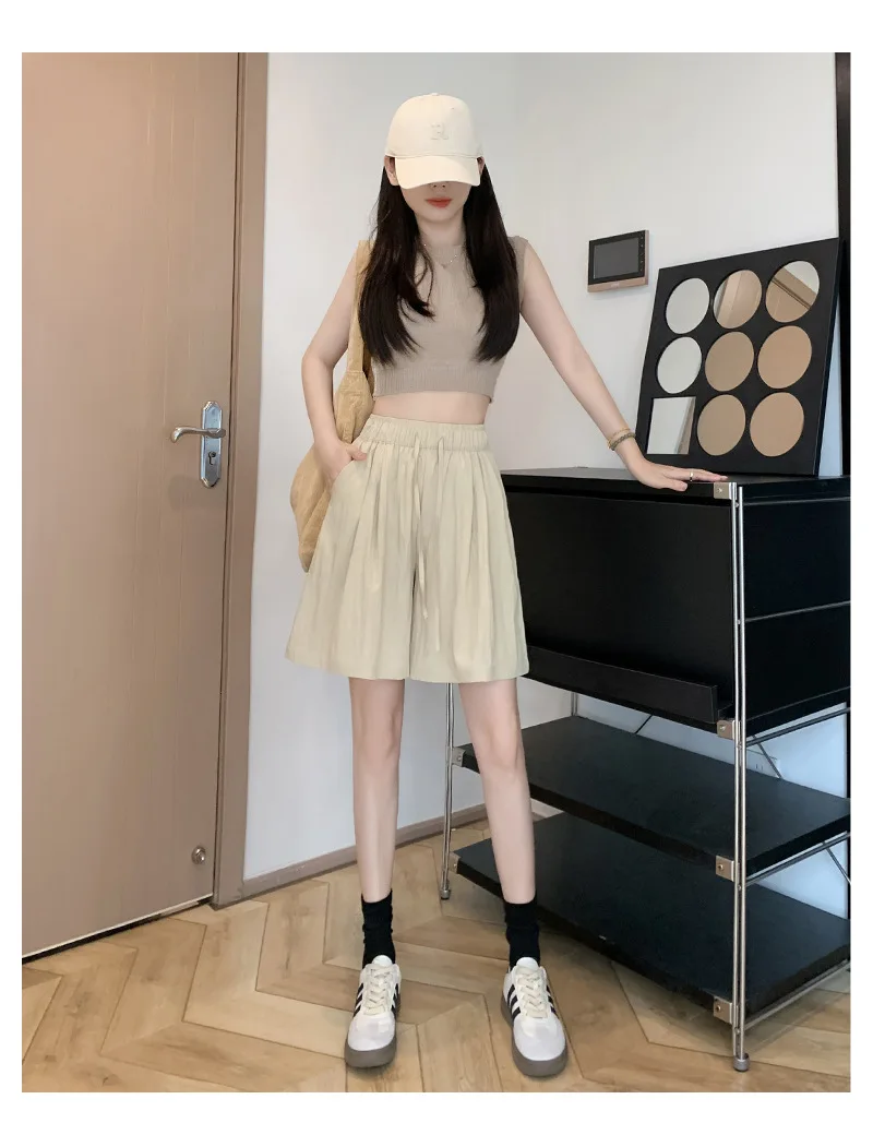 Solid Color Casual Summer Shorts for Women Thin Breathable Elastic Waist Shorts Woman Vacation Loose Wide Leg Shorts Beach Pants