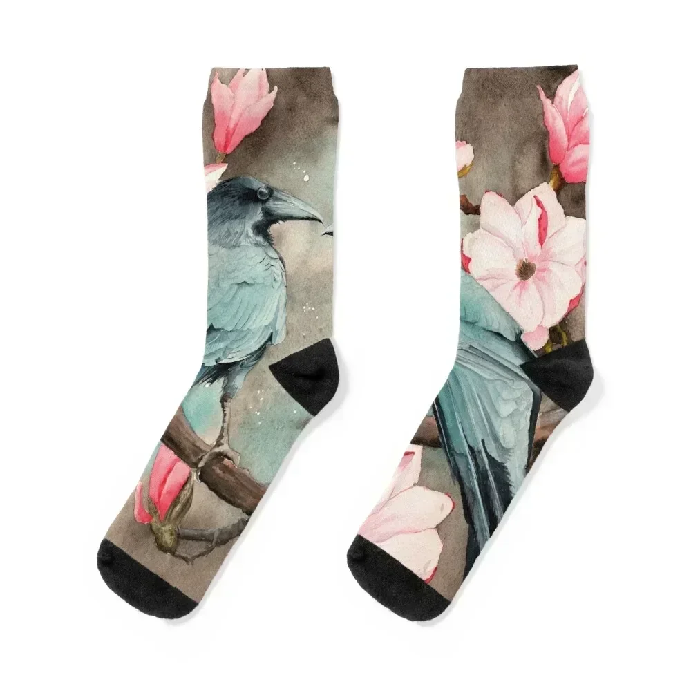 Watercolor picture of two ravens on the magnolia Socks hiphop Thermal man winter Lots Boy Child Socks Women's
