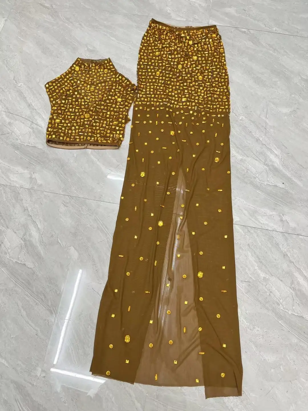 Jinbei-vestido transparente de 2 piezas con diamantes de imitación dorados, conjunto de traje de cantante, falda superior, falda negra, noche, fiesta de graduación, colección