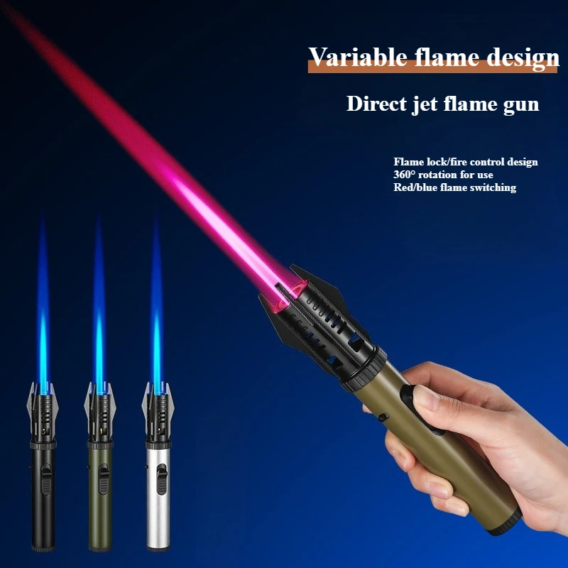 Outdoor Red Flame Metal Windproof Lighter Refillable Butane Blue Flame Welding Cigar Lighters Men Moxibustion Barbecue Tool Gift