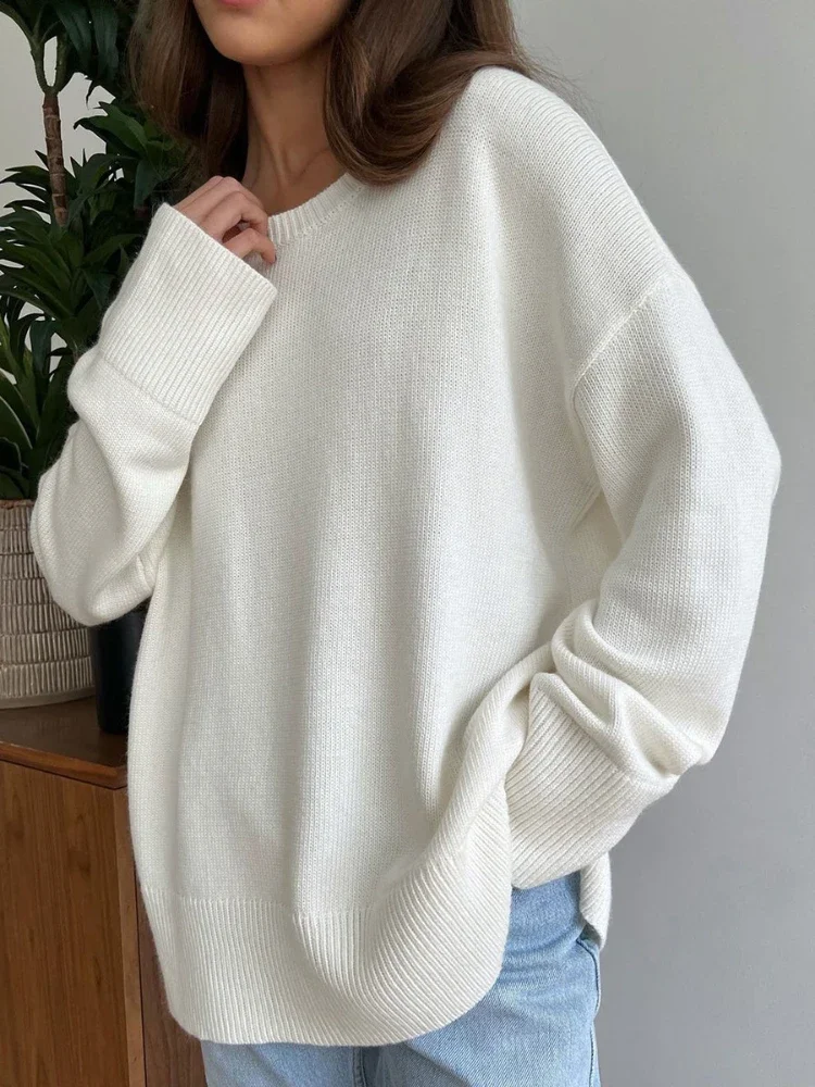 Autumn Winter Women\'s Sweater O Neck Solid Color Knitted Pullovers Split New Oversized Casual Loose Fashion Women Sweaters 2024