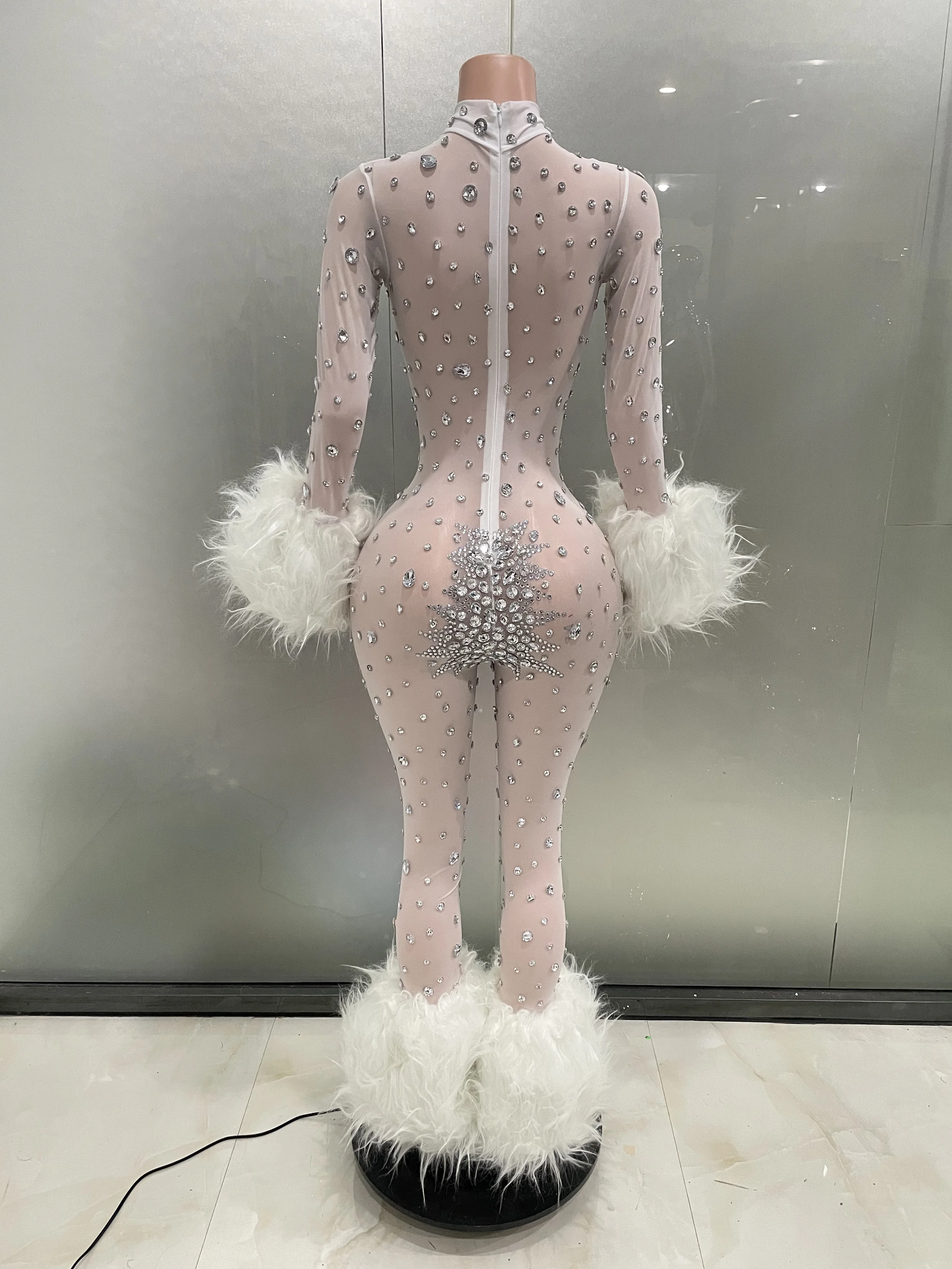 STOCK Shining Diamonds Feathers Prom Gowns Long Sleeve Sexy Luxury Bodycon Jumpsuit Evening Dress Singer Stage Show Dress