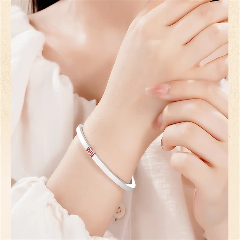 Retro Matte S999.9 Sterling Silver Open Cuff Bangle For Women Chinese Auspicious Fu Red String Lucky Charm Wrist Jewelry