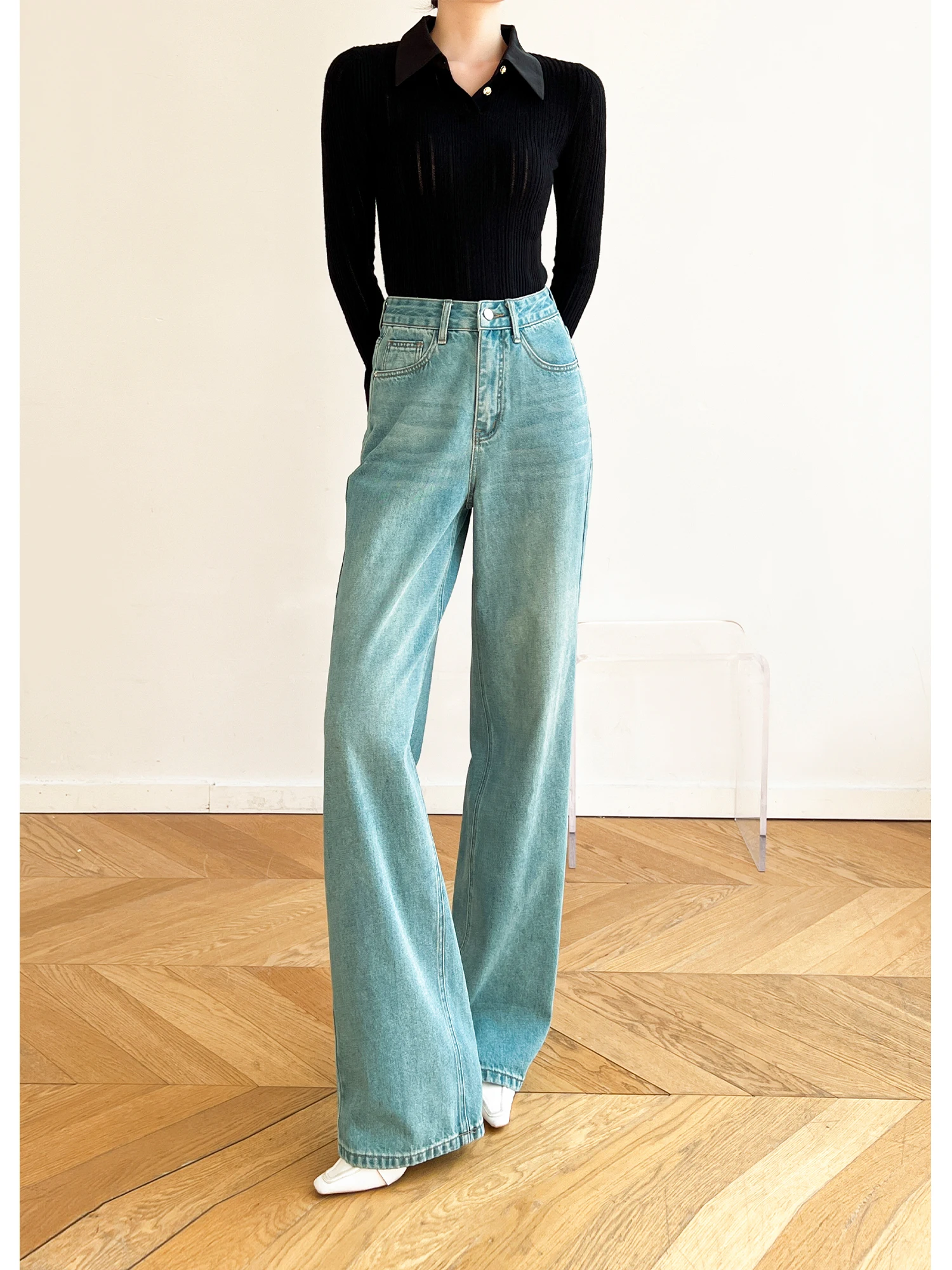 

Летние прямые джинсы-трубы для женщин с высокой талией, широкими штанинами, модные, однотонные, в стиле ретро, удлиненные