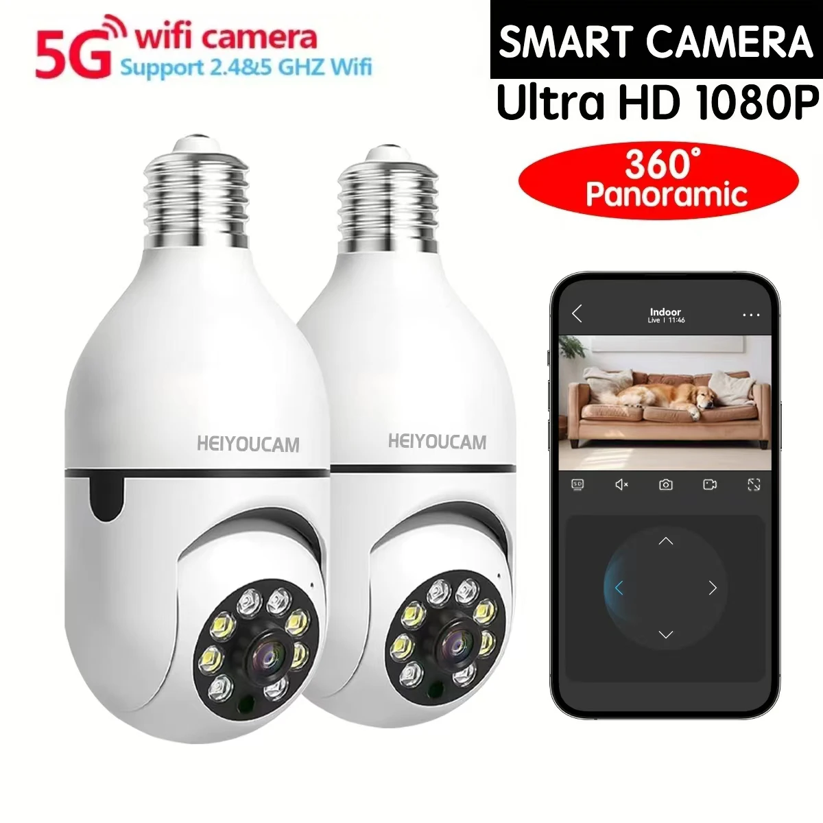 Light Bulb Security Camera 2.4G&5GHz WiFi Outdoor, 1080P E27 Light Socket Security Camera, Indoor 360° view, Color Night Vision